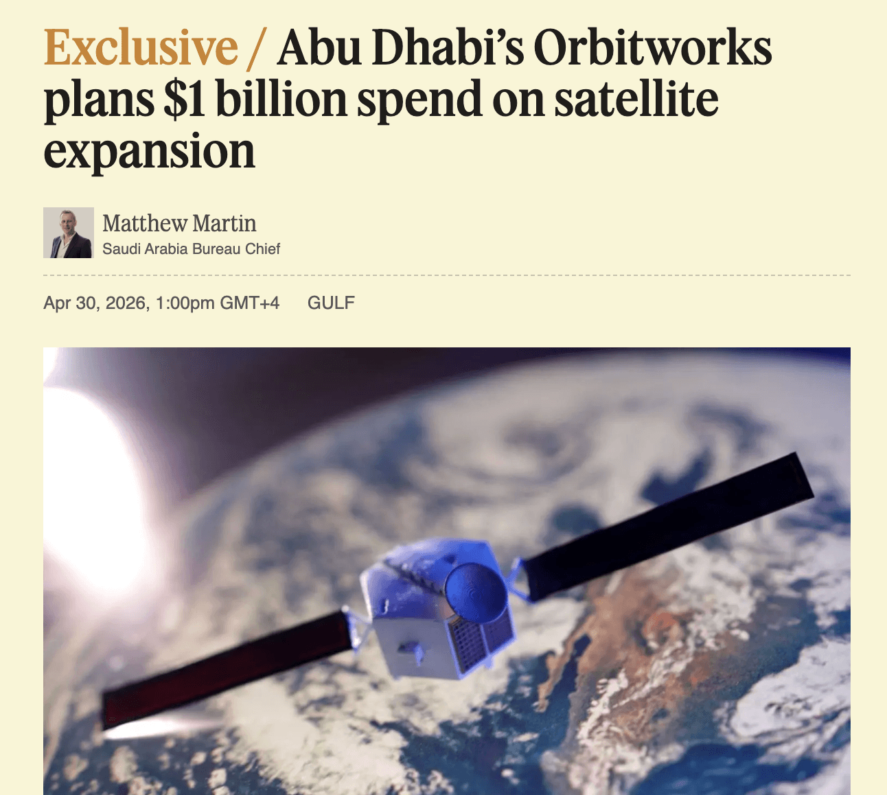 Abu Dhabi's Orbitworks plans a $1 billion spend on satellite expansion